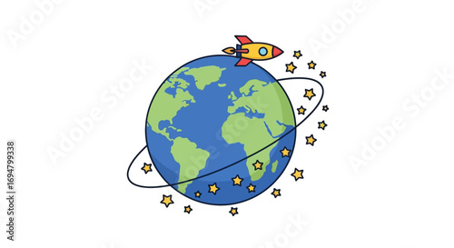 Colorful cartoon illustration of a rocket ship orbiting planet Earth surrounded by a trail of stars on a white background.
