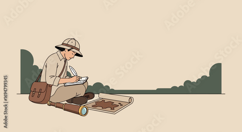 A lone explorer in safari attire sits cross-legged on the ground, meticulously documenting findings in a notebook with a quill pen, surrounded by a map and spyglass.