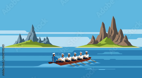 A team of rowers in unison navigate a long boat across a calm blue sea, with two distinct islands featuring jagged peaks in the background under a clear sky.