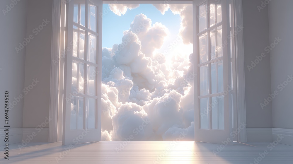 Obraz premium Open window with white wooden frame overlooking a bright sky filled with fluffy clouds and soft sunlight streaming in softly