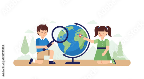 Children examining a globe with a magnifying glass, learning about geography.