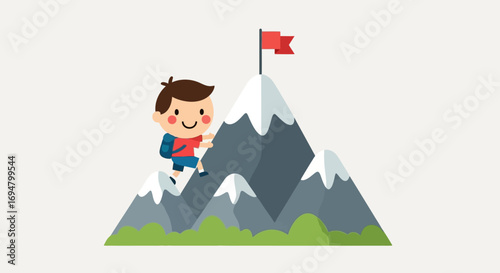Cartoon boy climbs a snowy mountain to a red flag, symbolizing achievement and success.