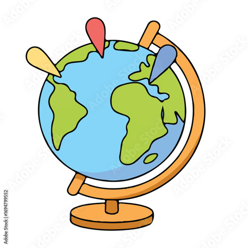 Cartoon illustration of a globe with colorful pins marking different locations, symbolizing travel, education, and global connection, isolated on a white background