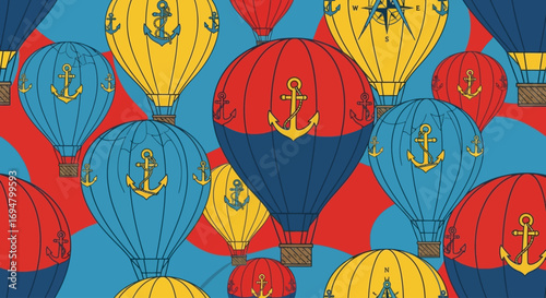 Colorful hot air balloons with anchors, a repeating pattern.
