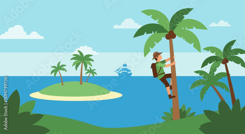 A cartoon traveler climbs a palm tree on a tropical island.