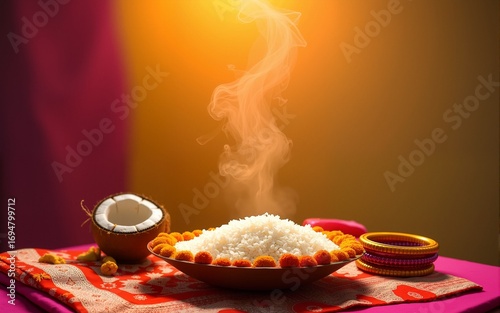 oti bharne - Indian ritual of offering a sari and a blouse piece along with coconut, haldi kumkum, bangles, mangalsutra and rice. At the time of navratri to goddes or married woman. High quality