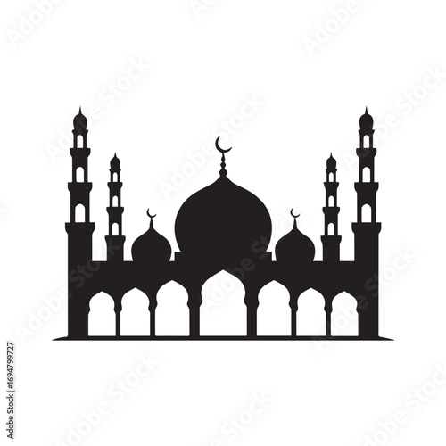 Black silhouette of a mosque with domes and minarets isolated on white background