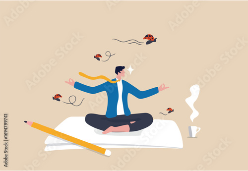 Stay focused in work and ignore distractions, concentration or meditation to motivate aiming for target concept, calm businessman meditate and concentrate on work in the middle of distractions.