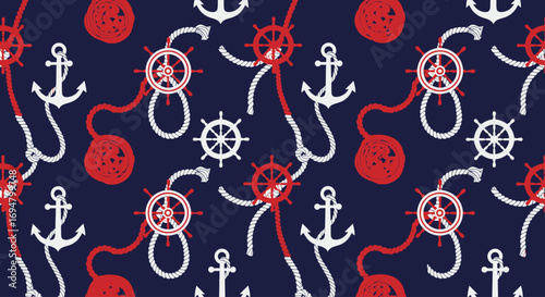 Nautical themed seamless pattern featuring anchors, ship wheels, and rope.
