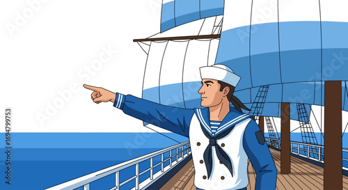 Sailor on a tall ship's deck points towards the horizon, indicating direction or a landmark.