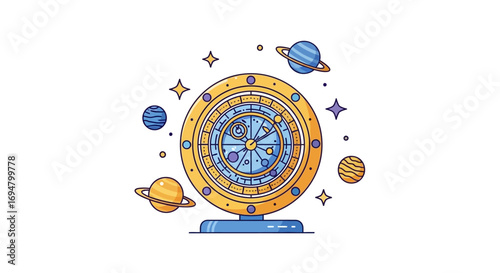 Ornate celestial clock with planets orbiting, stars, and detailed design.