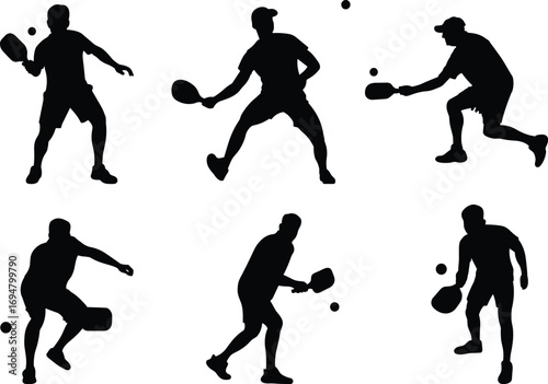 Pickleball silhouettes, paddle action, athletic poses, dynamic movement, black icons, sport, recreation, agility, hitting, swinging, reaching, ball, training, outdoor, active, fitness, illustration