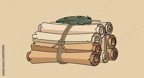 An illustration of a stack of old rolled parchments tied with a rope and a green feather quill on top.