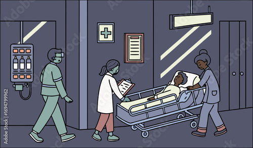 A busy emergency room in a hospital with doctors and nurses rushing around a patient on a stretcher. Medical monitors, oxygen cylinders, and IV stands surround the bed. A nurse in scrubs writes notes 