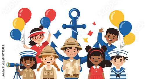 A diverse group of happy children in sailor and explorer costumes celebrating around a large blue anchor with balloons.
