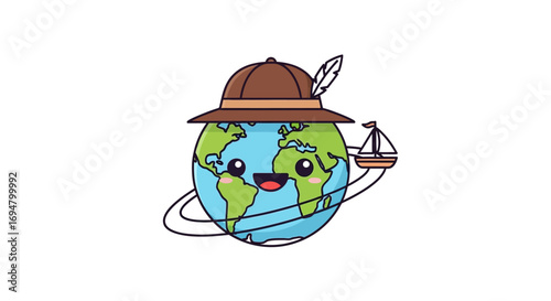 A cheerful cartoon Earth character wearing an explorer's hat with a feather, embarking on a journey with a small sailboat.