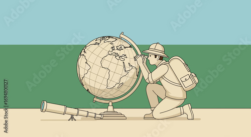 Adventurous explorer in safari attire kneels to examine a detailed globe with a vintage telescope nearby, symbolizing discovery and global exploration.
