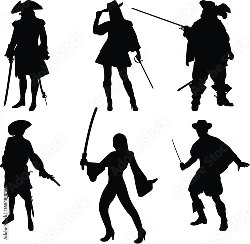 Pirate silhouettes, swashbuckler poses, weapon stance, historical costume, fantasy character, sword action, pistol, adventure, dramatic posture