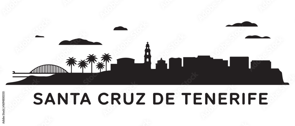 Obraz premium Santa Cruz de Tenerife skyline horizontal banner. Santa Cruz de Tenerife, Spain. Vector black silhouette. with white background