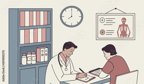 A doctor’s consultation room with a doctor in a white coat sitting at a desk with a stethoscope, writing prescriptions while a patient sits across. The room has a bookshelf with medical books, a wall 