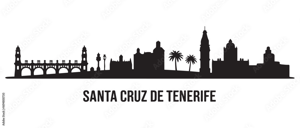 Fototapeta premium Santa Cruz de Tenerife skyline horizontal banner. Santa Cruz de Tenerife, Spain. Vector black silhouette. with white background
