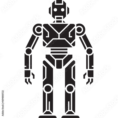 Vector art of full body silhouette of a humanoid robot, a mechanical automaton with a distinct head, torso, arms, and legs
