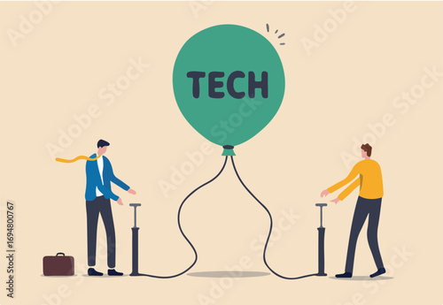 Technology or Tech stock bubble, overvalued stock causing by economic crisis and greedy investors concept, businessmen investor take risk by pumping air into ready to burst balloon with the word TECH.