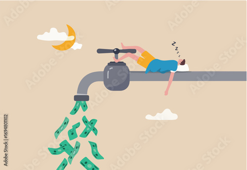 Make money while sleeping, passive income streams with side hustle, dividends, property rental or investment profit concept, rich young man sleeping at night on pipe faucet with money banknote flow.