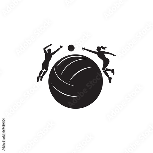 Two volleyball players in action, leaping to intercept the ball.Silhouette image of two volleyball players mid-leap, reaching for the ball.