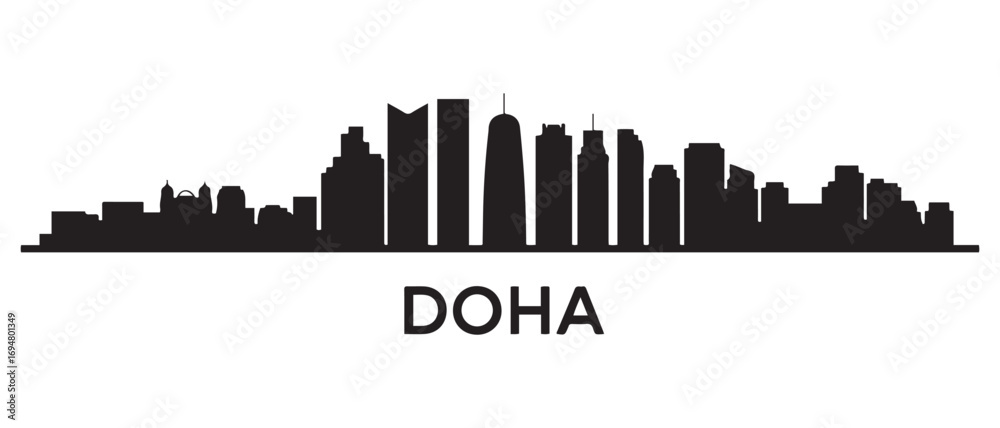 Fototapeta premium Panoramic View of Downtown Doha Skyline. Doha city black silhouette skyscrapers and buildings. Long cityscape. Vector black silhouette. with white background