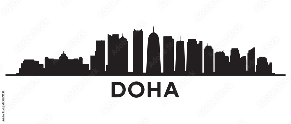 Obraz premium Panoramic View of Downtown Doha Skyline. Doha city black silhouette skyscrapers and buildings. Long cityscape. Vector black silhouette. with white background