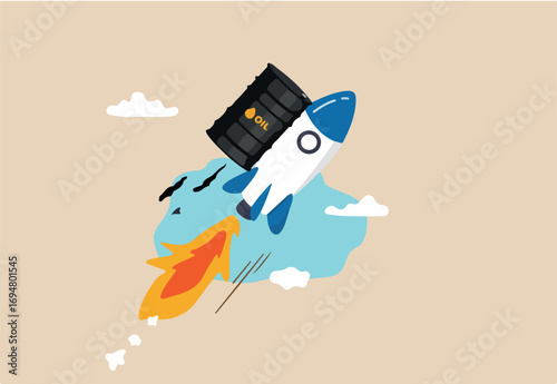 Crude oil price skyrocket reaching record high due to war crisis, fuel or energy price rising up concept, rocket with crude oil gallon flying high up into the sky metaphor of price rising. 