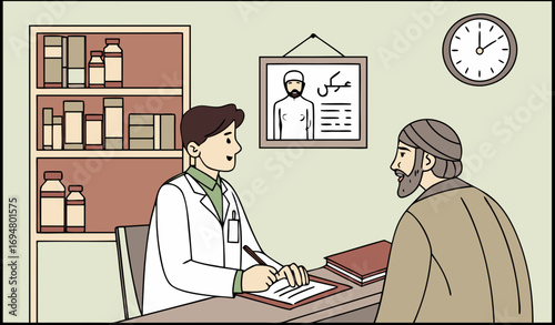 A doctor’s consultation room with a doctor in a white coat sitting at a desk with a stethoscope, writing prescriptions while a patient sits across. The room has a bookshelf with medical books, a wall 