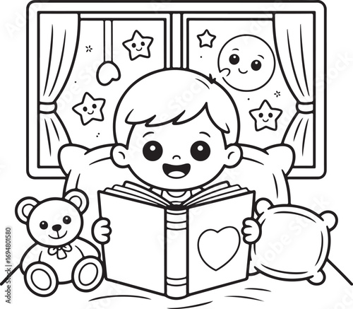 Cute Cartoon Kid Reading Storybook on Bedtime
