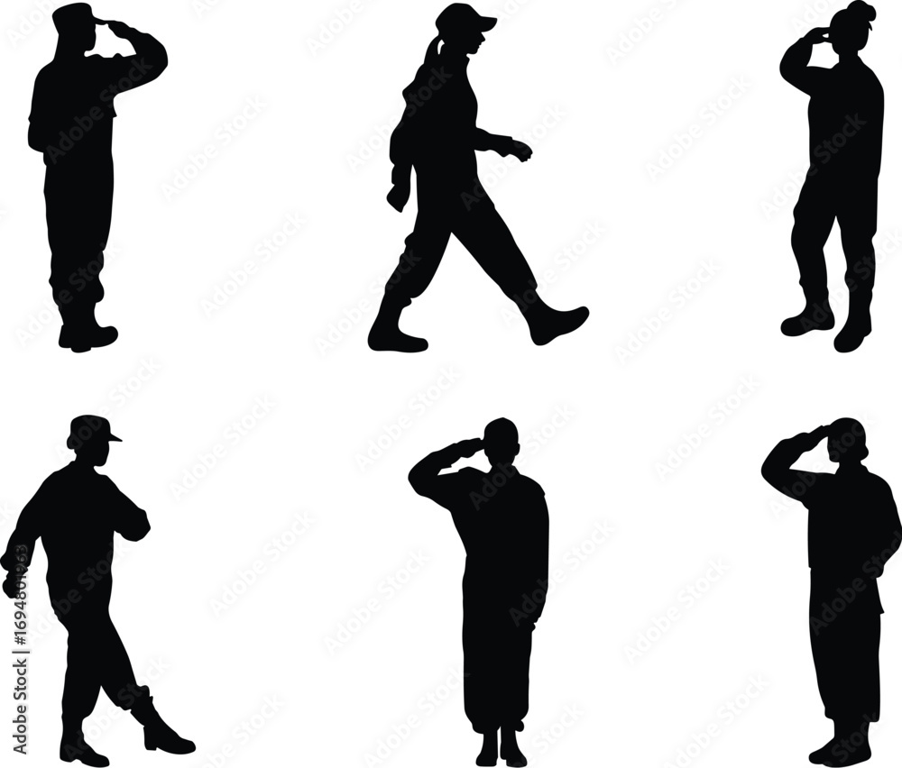 Obraz premium Saluting silhouettes, military gesture, standing pose, walking figure, uniformed stance, respectful action, body language, honor, discipline, formality