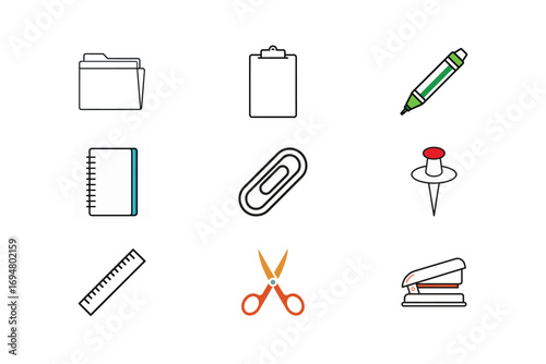 Collection nine office school supply icons folder clipboard
