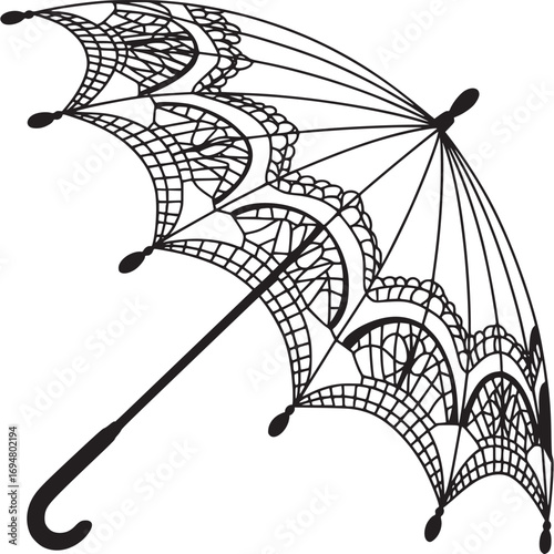 Vector art of intricate black outline of an open lace umbrella, showcasing a delicate filigree pattern and a curved handle