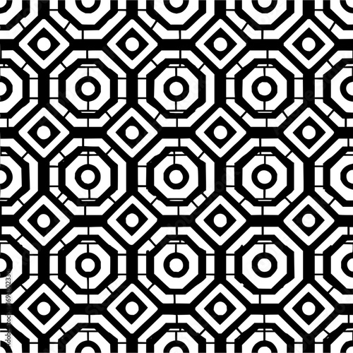 A repeating pattern of black octagons and diamonds with circles inside on a white background seamless design