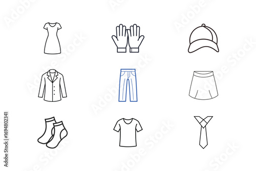 Collection clothing icons including dress gloves cap jacket pants skirt socks fashion