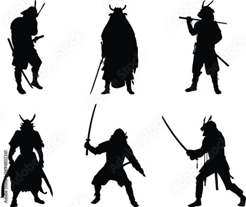 Samurai warrior silhouettes, traditional armor poses, sword fighting stances, Japanese culture icons, black vector illustration, martial arts design elements