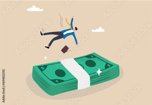 Insurance, reserve money or emergency fund on business failure, mistake or accident, compensation or money support and cushion concept, fail businessman falling on huge money banknotes safety cushion.