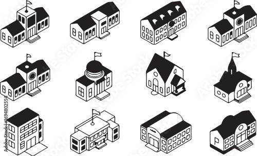 Isometric Building Icon Set Featuring Various Architectural Styles on Transparent Backdrop