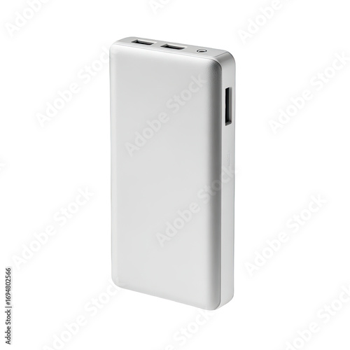 Rectangular, white portable battery pack.  Features ports for charging