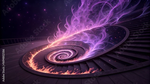 A mesmerizing spiral staircase ascending into the cosmos surrounded by vibrant energy and celestial fire within a surreal composition.