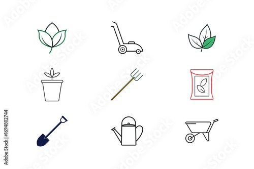 Garden icons leaves plant pot lawnmower pitchfork seed bag shovel watering can gardening