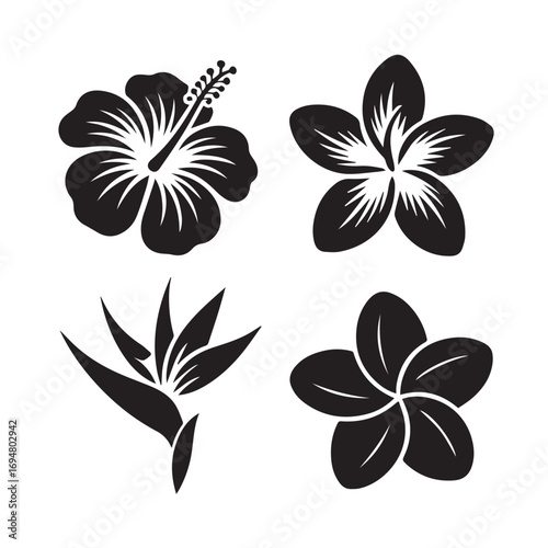 Collection of four stylized tropical floral silhouettes including hibiscus, plumeria, and bird of paradise isolated on white background