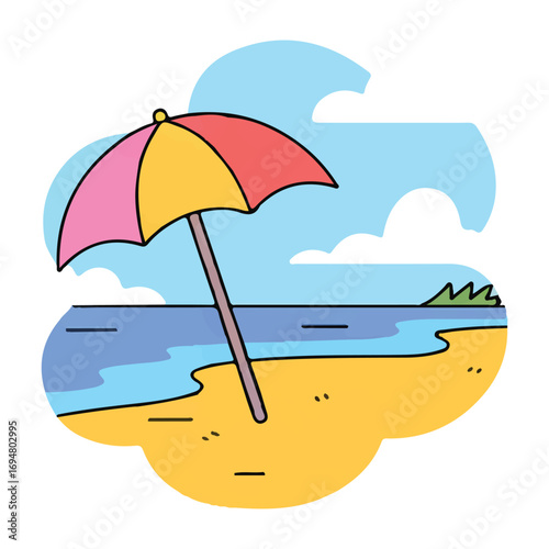 Colorful beach umbrella on a sandy shore with the ocean and sky in the background, representing summer vacation and relaxation