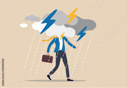 Business problem, obstacle or risk to overcome and succeed, insurance or catastrophe and disaster business day concept, depressed businessman walking with cloudy thunderstorm and rainy around his face