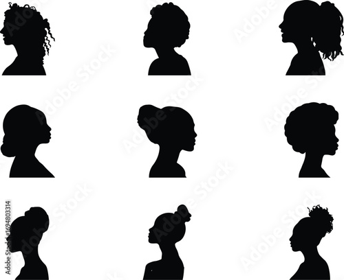 Silhouette profile of diverse women with different natural hairstyles, vector black female heads collection, beauty fashion illustration