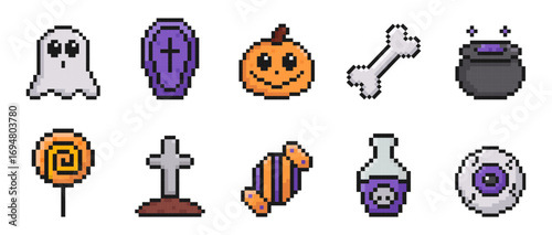 halloween pixel art icon set, horror, retro style, old arcade game, pixelated stickers, ghost, coffin, pumpkin, bone, cauldron, potion, poison, grave, candy, eyeball, vector illustration